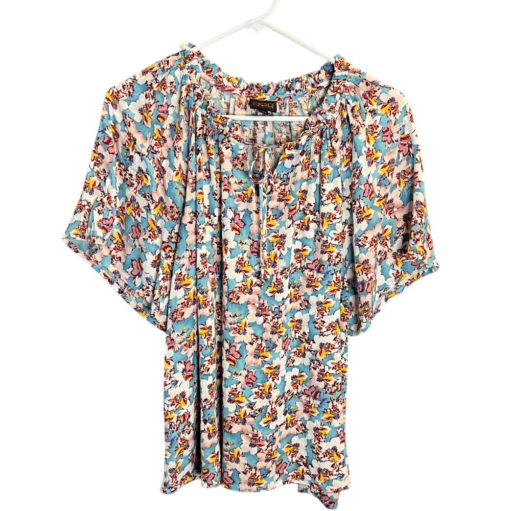 MOD LUSIVE Women Floral Print Tie Neck Flutter Sleeve Blouse Top Size L